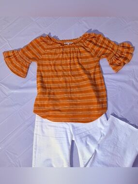 Women's Orange Striped Off-Shoulder Peasant Top